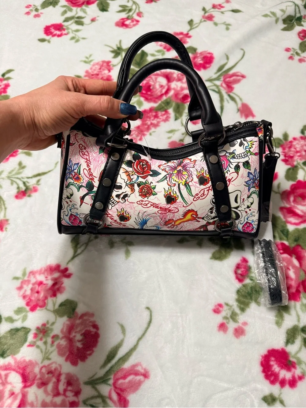 Ed Hardy Pink Floral & Skull Tattoo-Print Satchel with Black Trim